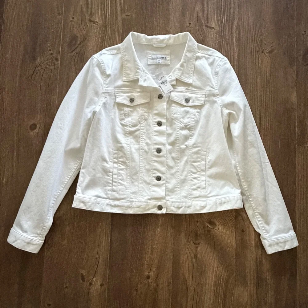LOFT Denim Jacket White Button Front Trucker Women XL - Picture 13 of 15